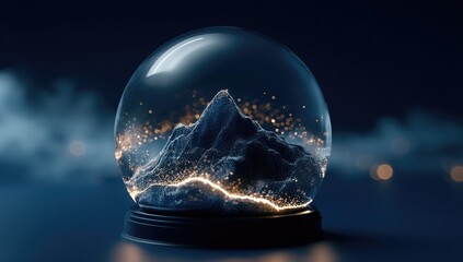 A mesmerizing snow globe with a dark mountain peak