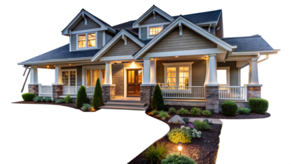 Beautiful suburban luxury home with elegant architecture, manicured landscaping, and inviting lights, isolated on transparent background