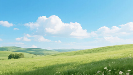 Obraz premium Rolling green hills under a bright blue sky with fluffy white clouds