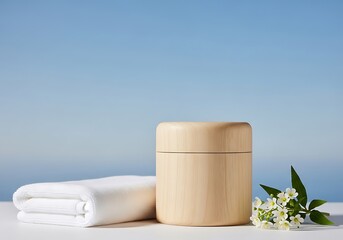 A wooden jar of cream sits next to a folded white towel and delicate white flowers, suggesting a spa or beauty treatment