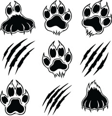 A collection of black and white illustrations featuring various animal paw prints and aggressive claw scratch marks.