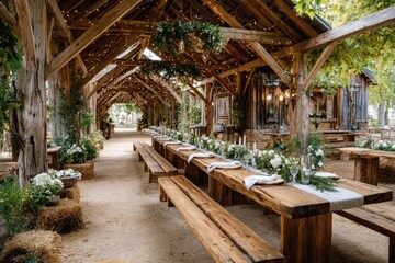 Fototapeta premium Rustic outdoor dining setup with wooden tables and floral decorations in a cozy barn