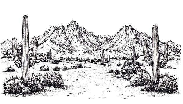 Black and white sketch of an arid desert landscape with cacti and mountains - Powered by Adobe