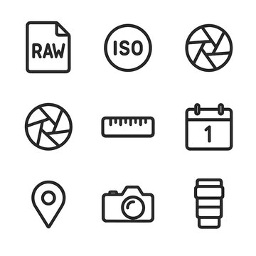 Photography Metadata Icons. Outline icon set of RAW metadata: EXIF tag, ISO value icon, shutter speed symbol, aperture icon, focal