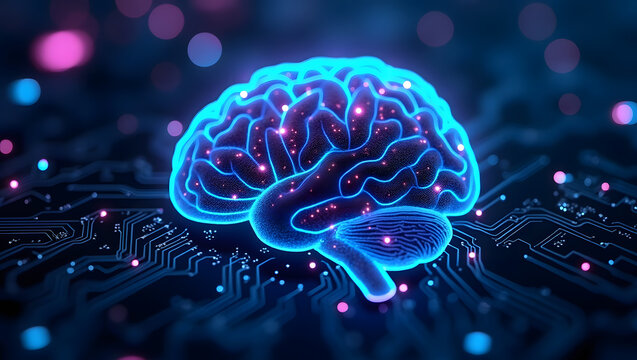 Blue-toned X-ray of a human head shows a virus on a brain, illustrating medical science and neurology