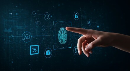 A conceptual photo of a person using a biometric scanner, with a network of digital icons in a dark background.