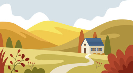 Autumn landscape background with rural meadows and a road against the backdrop of a village house and mountains. Flat vector illustration.