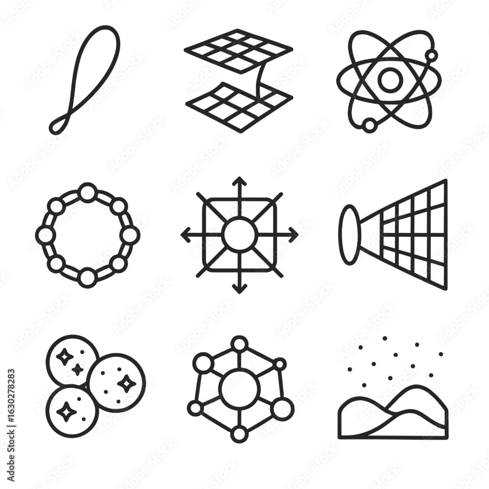 Poster physics icon set. outline icon set of theoretical physics models: string theory, m-theory, quantum g