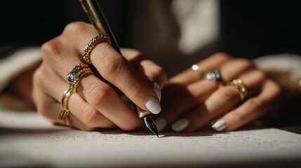 Retro quill and ornate rings highlight individuality and slow living values, as feminine hands calmly write in warm, rustic ambiance