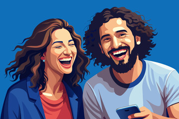 Joyful couple laughing heartily against a vibrant blue background
