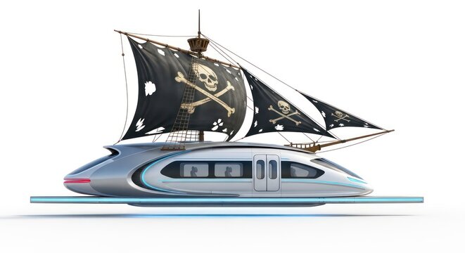 Anachronistic Voyage: Sleek Maglev Train with Tattered Pirate Sails