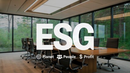 ESG strategic planning session in a modern boardroom, focusing on planet, people, and profit.