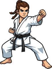 Cartoon Martial Artist in White Gi with Braided Hair — Black Belt Fighter in Dynamic Stance for Training, Combat, or Sport Themes