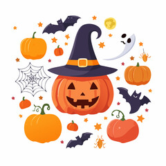 Festive Halloween holiday illustration set with a smiling Jack-o'-lantern wearing a witch's hat, surrounded by pumpkins, bats, and a ghost.