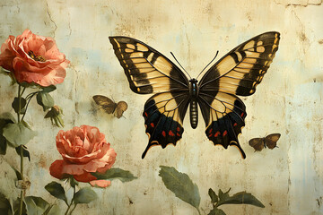 a butterfly and a rose are on a wall