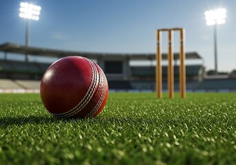 A vibrant cricket ball resting on lush green grass, illuminated by stadium lights, perfect for sports-themed projects and advertisements.