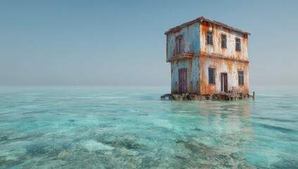 Isolated rusty house on stilts in calm ocean water.  Tranquil scene