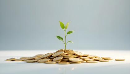Small green plant growing from pile of golden coins on white surface