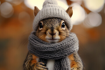 a squirrel wearing a knitted hat and scarf