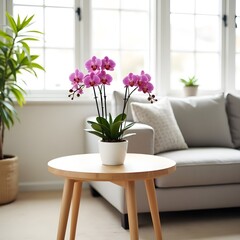 Fototapeta premium Modern living room interior with a bouquet of pink flowers in a vase on the table