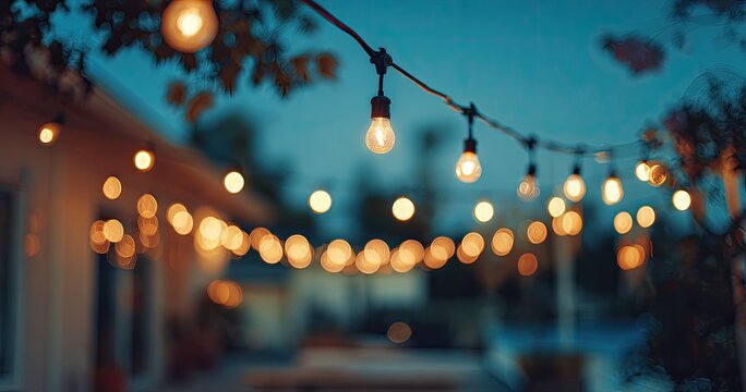Outdoor string lights illuminate a patio at dusk.  Blurred background reveals a residential area - Powered by Adobe