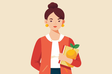 Woman holding a book with an orange and leaves