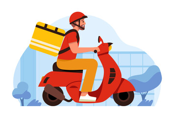 Delivery service. Courier riding a red scooter, delivering food. Flat graphic vector illustration.