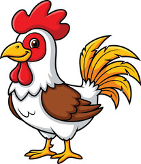  Cartoon Rooster Standing Proud — Red Comb, Yellow Beak, and Brown-White Feathers for Farm, Kids, and Animal Designs