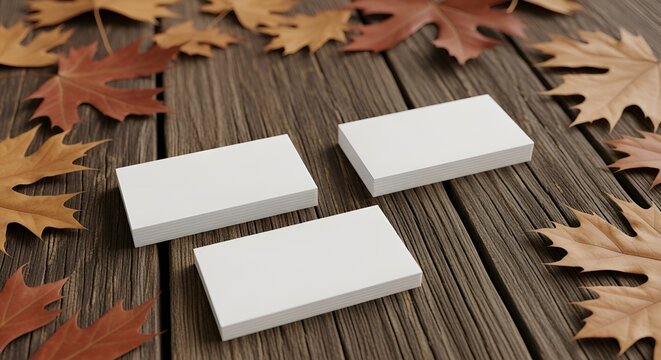 Three blank white business cards arranged on a wooden surface, surrounded by autumn leaves.