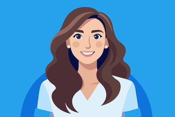 Friendly woman with long brown hair smiling against a blue background