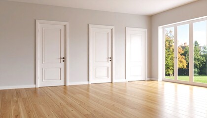 Obraz premium Bright room with three doors, bathed in light, showcasing minimal aesthetics and pristine surfaces