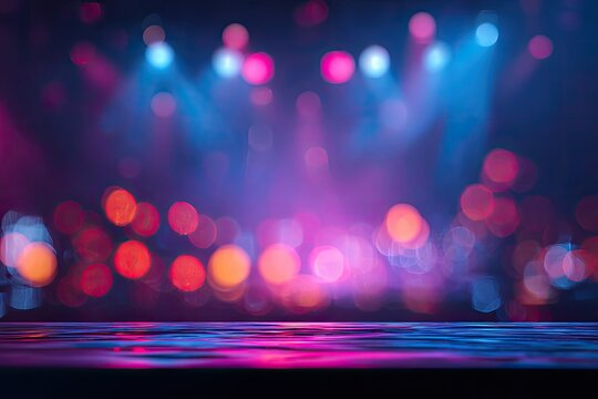 Vibrant stage lights reflecting on a dark surface
