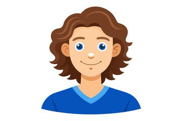 Friendly cartoon person with brown wavy hair and blue shirt