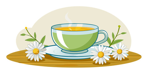 Steaming cup of chamomile tea with daisies on a wooden surface