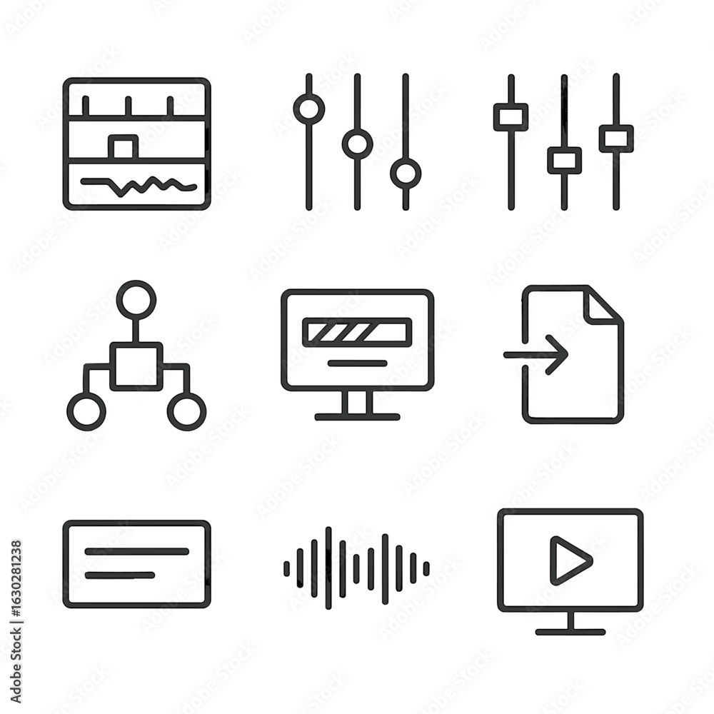Poster post-production icons. outline icon set of post-production workflow: editing timeline, color grading