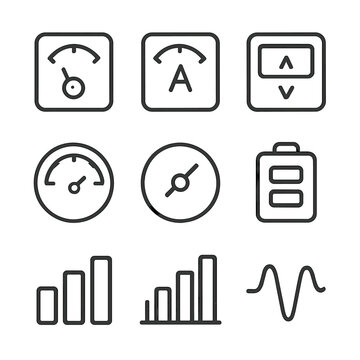 Power Measurement Icons. Outline icon set of power measurement: voltmeter, ammeter, wattmeter, energy meter, gauge, dial, battery