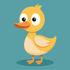 Cute cartoon yellow duckling standing on a teal background