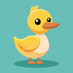 Cute cartoon yellow duckling standing on a teal background