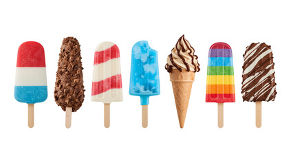 Delicious summer ice cream popsicles and cone treats assortment for a hot day refreshment snack sweets on transparent background