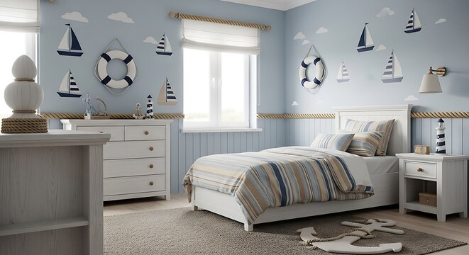 Nautical Themed Kids Bedroom Design with Blue Wall Decals and Furniture