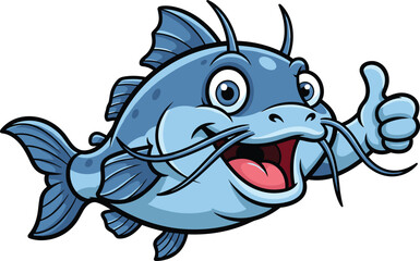 Cheerful Blue Catfish Mascot Giving Thumbs-Up — Cartoon Fish Character with Whiskers, Big Smile, and Human Gestures