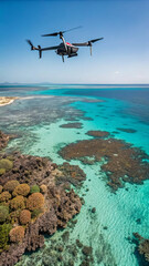 Naklejka premium Drone flies over vibrant coral reef and turquoise ocean waters