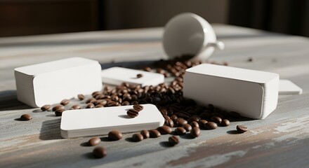 An overturned white ceramic cup spills roasted coffee beans onto a rustic wooden surface, accompanied by four white rectangular blocks.