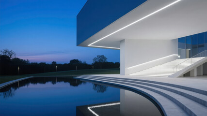 Fototapeta premium Modern building with illuminated steps and a reflective water feature at dusk