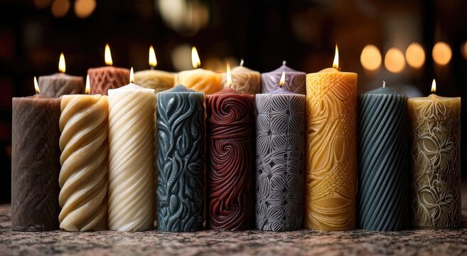 Row of decorative candles in various colors and designs