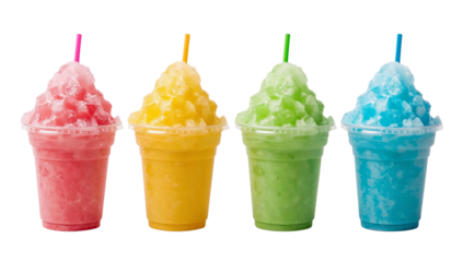 Colorful shaved ice drinks perfect for summer refreshment and sweet treat photography for social media on transparent background