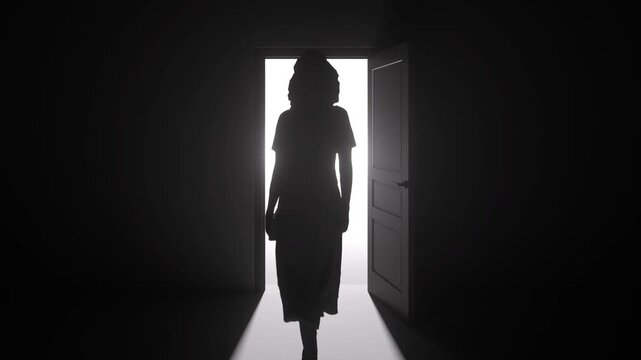 Woman entering to dark room black and white animation. Silhouette of woman pose walking through dark room. Woman walking through the door from bright to dark.