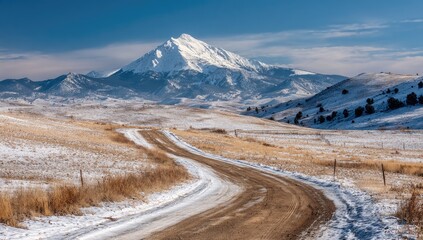 Snowy mountain vista with winding road