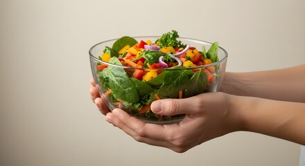 Hands holding a bowl of fresh salad with leafy greens and colorful vegetables, top view, healthy eating concept, vibrant and appetizing presentation