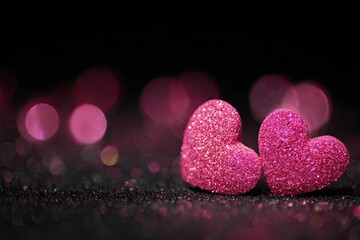 Obraz premium Two pink glitter hearts on a dark, sparkly background with bokeh